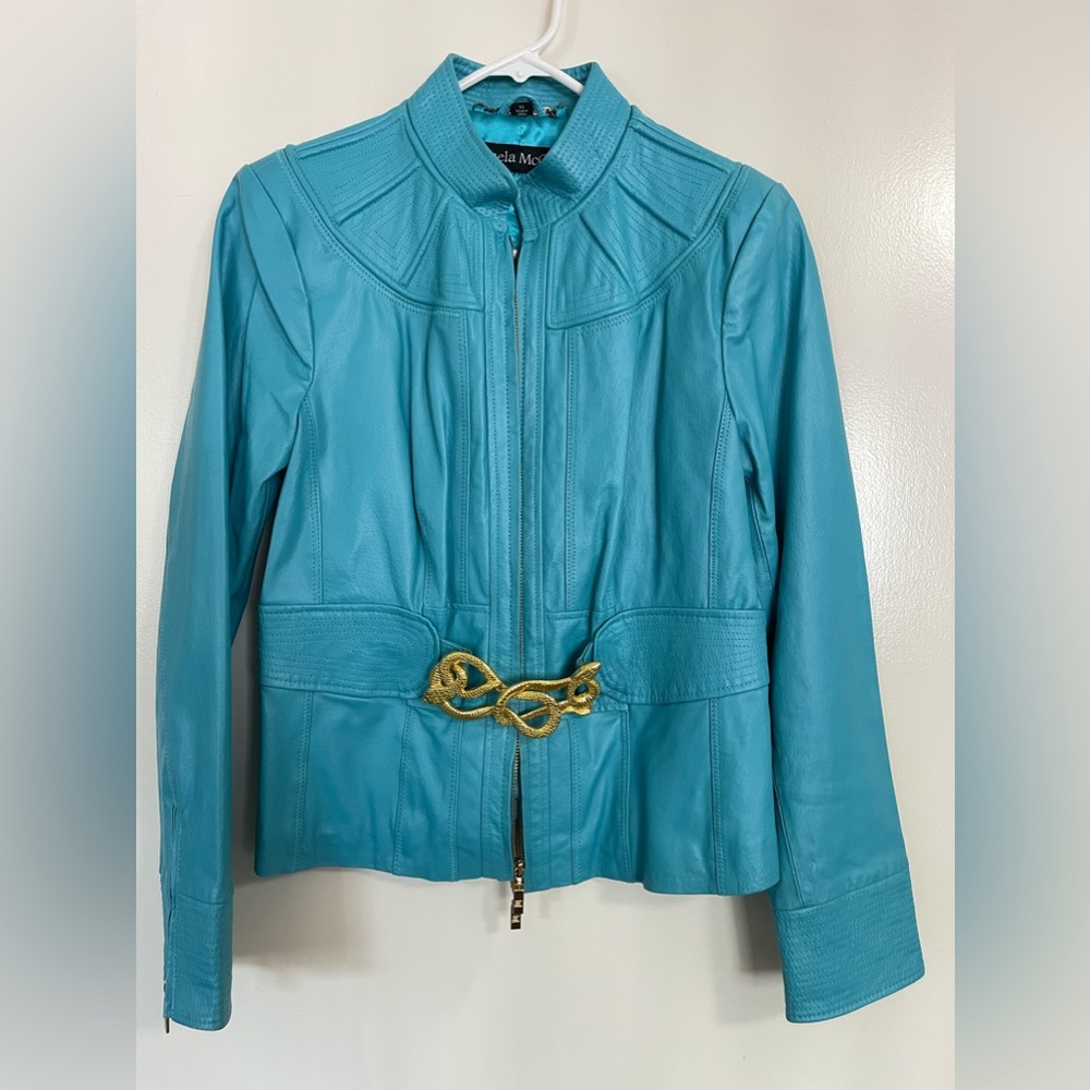 Pamela McCoy Blue Belted Leather Jacket w/ Snake Buckle & Stitching | Womens XS